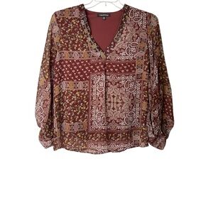 Laurel Grey Rust Paisley Shear Flowy‎ Lined Blouse Women's S